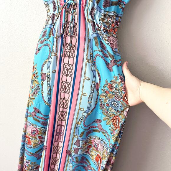 Boston Proper Scarf Border Print Blue & Pink Maxi Dress Women's Size Small - Picture 4 of 10